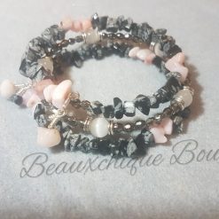 Pink Quartz and snowflake Obsidian Memory Wire Bracelet