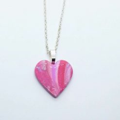 Ooak handmade polymer clay heart pendant in stripy marbled pinks and silver
