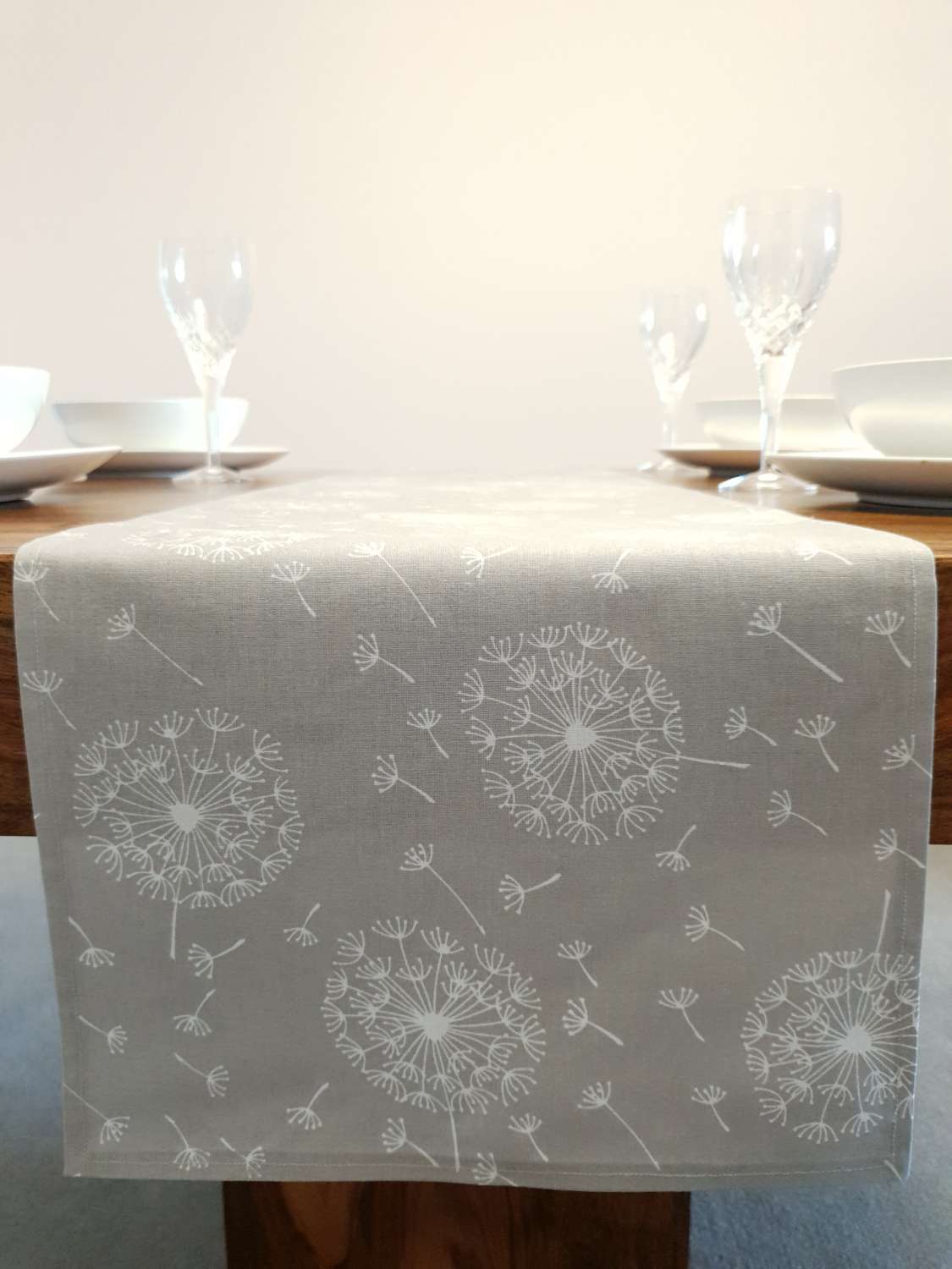 Grey & White Table Runner, 100% Cotton, Grey Table Runner with White Dandelions, Table Decor, Homer Decor, Gift Idea, Grey Table Runner Grey & White Table Runner, 100% Cotton, Grey Table Runner with White Dandelions, Table Decor, Homer Decor, Gift Idea, Grey Table Runner