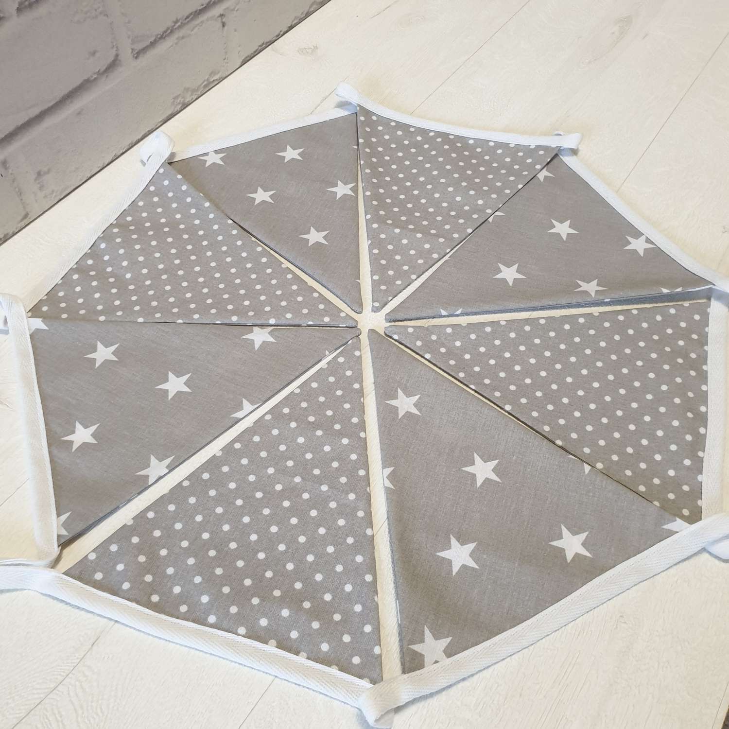 Grey with White Star & White Dot Bunting, 100% cotton, Grey Bunting, Star & Dot Bunting, Garland, Fabric Bunting, 10 double sided flags 2.5m Grey with White Star & White Dot Bunting, 100% cotton, Grey Bunting, Star & Dot Bunting, Garland, Fabric Bunting, 10 double sided flags 2.5m