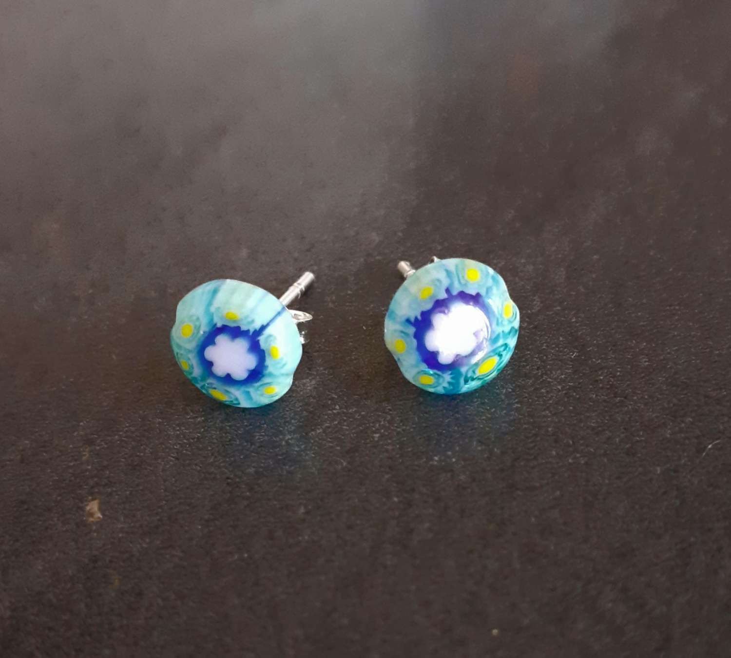 Blue Millefiori Sterling Silver Stud Earrings. Blue Millefiori Sterling Silver Stud Earrings.