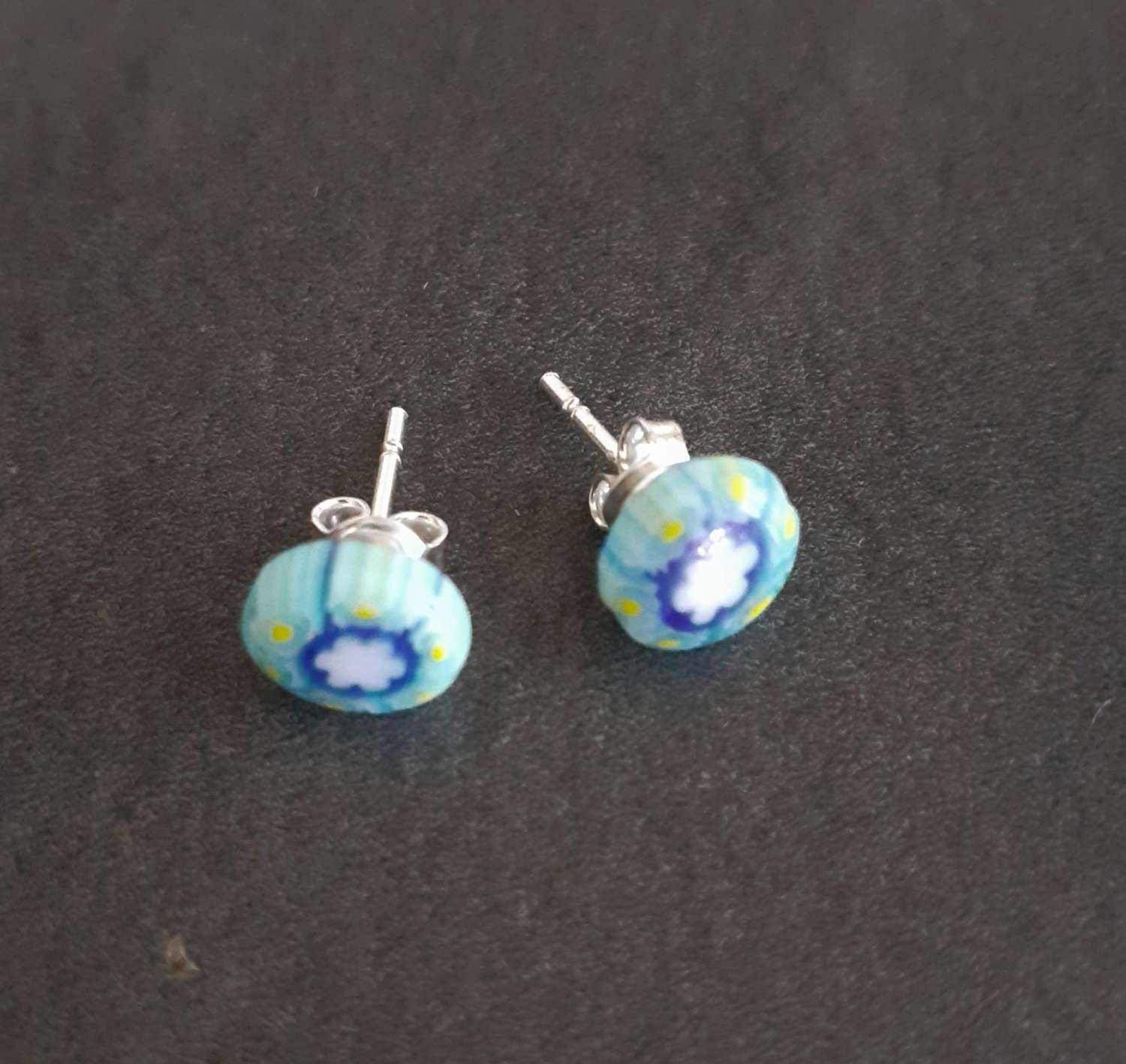 Blue Millefiori Sterling Silver Stud Earrings. Blue Millefiori Sterling Silver Stud Earrings.