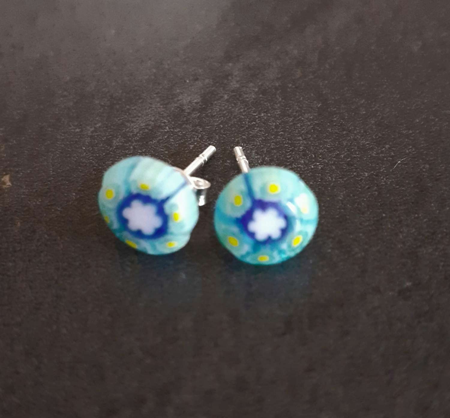 Blue Millefiori Sterling Silver Stud Earrings. Blue Millefiori Sterling Silver Stud Earrings.