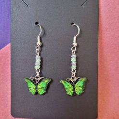 Sterling Silver Green Butterfly Charm and Bead Earrings