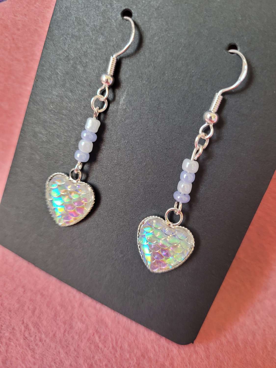 Sterling Silver Iridescent Silver Mermaid Scale and Bead Earrings Sterling Silver Iridescent Silver Mermaid Scale and Bead Earrings