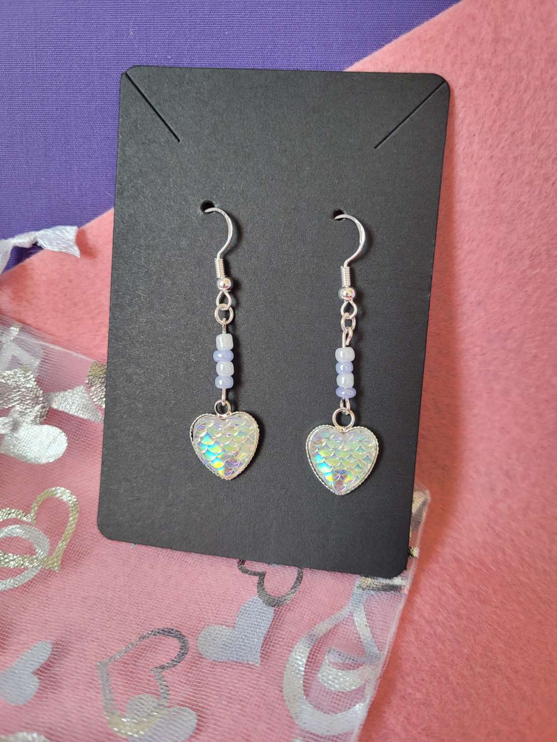 Sterling Silver Iridescent Silver Mermaid Scale and Bead Earrings Sterling Silver Iridescent Silver Mermaid Scale and Bead Earrings