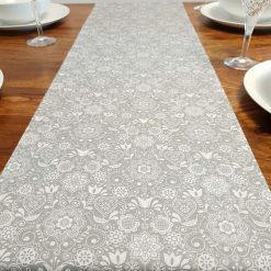 Grey & White Table Runner, 100% Cotton, Grey Table Runner with White Flowers, Birds and Hearts, Table Decor, Gift Idea, Kitchen Table Runner 7