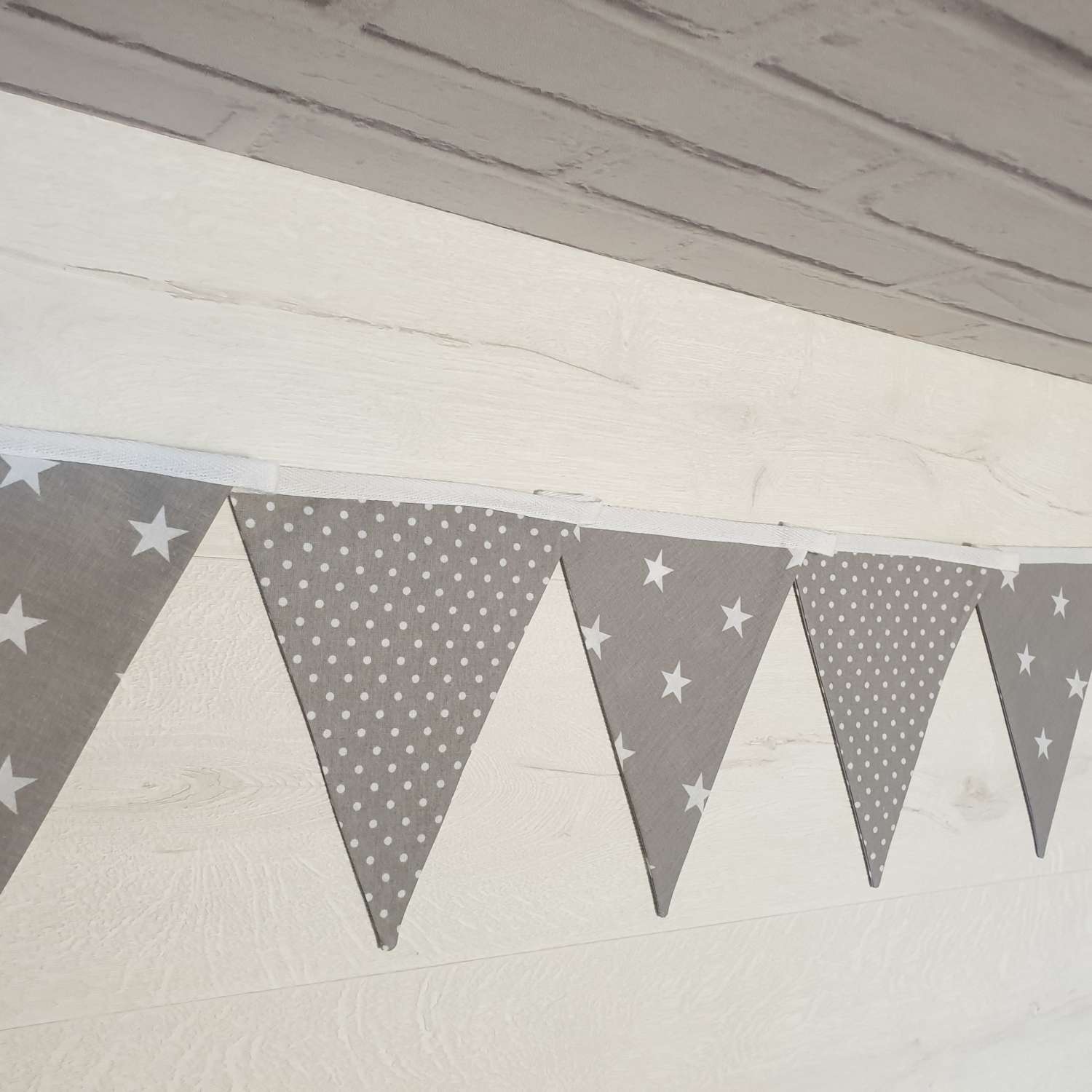 Grey with White Star & White Dot Bunting, 100% cotton, Grey Bunting, Star & Dot Bunting, Garland, Fabric Bunting, 10 double sided flags 2.5m Grey with White Star & White Dot Bunting, 100% cotton, Grey Bunting, Star & Dot Bunting, Garland, Fabric Bunting, 10 double sided flags 2.5m