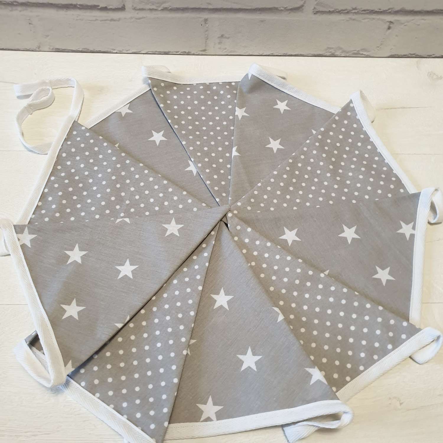 Grey with White Star & White Dot Bunting, 100% cotton, Grey Bunting, Star & Dot Bunting, Garland, Fabric Bunting, 10 double sided flags 2.5m Grey with White Star & White Dot Bunting, 100% cotton, Grey Bunting, Star & Dot Bunting, Garland, Fabric Bunting, 10 double sided flags 2.5m