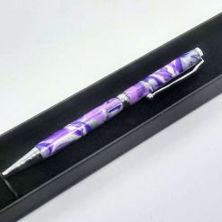 Hand made slimline twist ballpoint pen in purples, lilac, white and silver