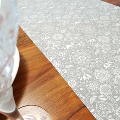 Grey & White Table Runner, 100% Cotton, Grey Table Runner with White Flowers, Birds and Hearts, Table Decor, Gift Idea, Kitchen Table Runner 3