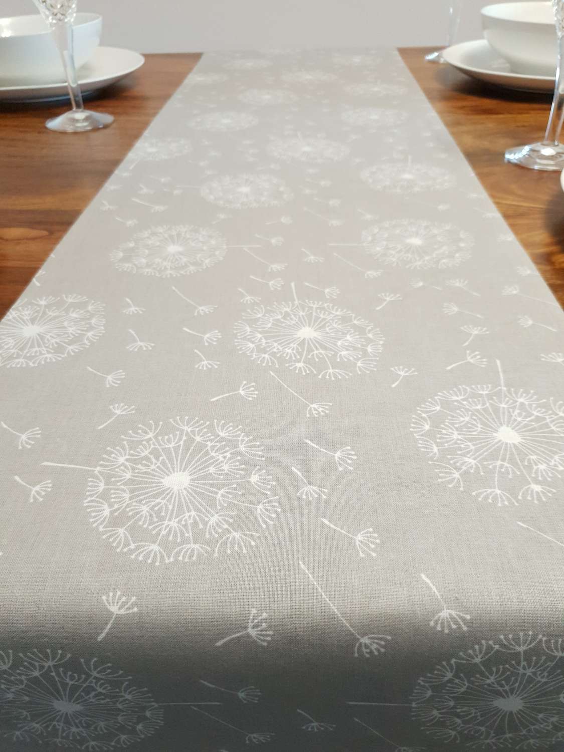 Grey & White Table Runner, 100% Cotton, Grey Table Runner with White Dandelions, Table Decor, Homer Decor, Gift Idea, Grey Table Runner Grey & White Table Runner, 100% Cotton, Grey Table Runner with White Dandelions, Table Decor, Homer Decor, Gift Idea, Grey Table Runner