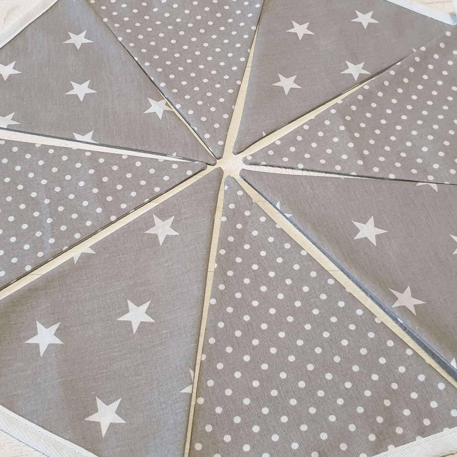 Grey with White Star & White Dot Bunting, 100% cotton, Grey Bunting, Star & Dot Bunting, Garland, Fabric Bunting, 10 double sided flags 2.5m Grey with White Star & White Dot Bunting, 100% cotton, Grey Bunting, Star & Dot Bunting, Garland, Fabric Bunting, 10 double sided flags 2.5m