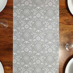 Grey & White Table Runner, 100% Cotton, Grey Table Runner with White Flowers, Birds and Hearts, Table Decor, Gift Idea, Kitchen Table Runner 2