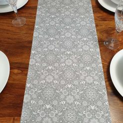 Grey & White Table Runner, 100% Cotton, Grey Table Runner with White Flowers, Birds and Hearts, Table Decor, Gift Idea, Kitchen Table Runner 1