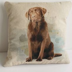 Charlie the Chocolate Labrador Linen/Cotton and Champagne Velvet cushion