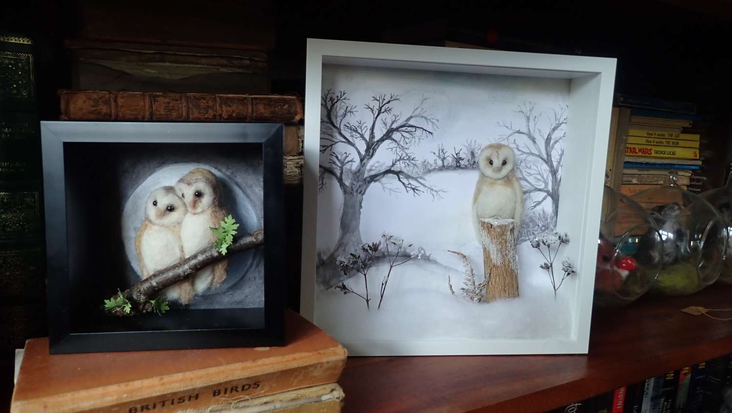 P2186567 Needle Felt Owl, Owl Diorama, Miniature Scene, Watercolour painting, Landscape, Needle Felted Animal, Wool Sculpture, Fibre Art, Sculpture, Gift, Woodland Creature, Wildlife 4