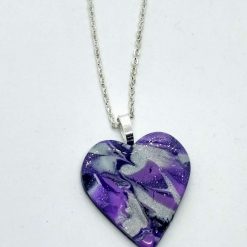 handmade polymer clay heart pendant in silver, purple & white
