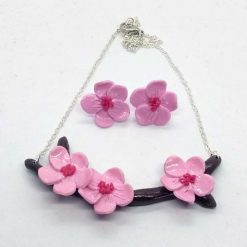 Pink Cherry blossoms. Bridgerton inspired handmade polymer clay necklace set