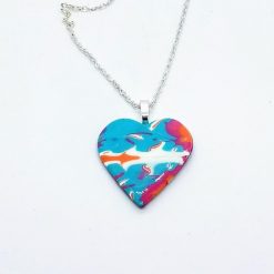 handmade polymer clay heart pendant in turquoise, white, pink and orange