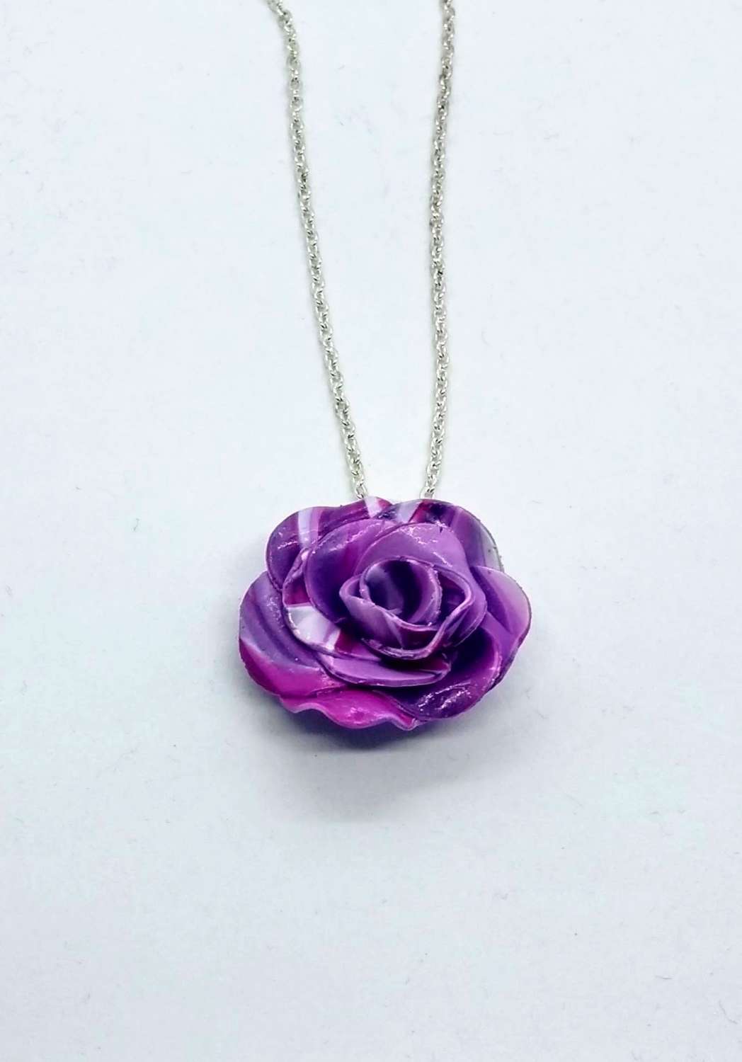handmade polymer clay rose pendant in marbled purples, lilac and white handmade polymer clay rose pendant in marbled purples, lilac and white