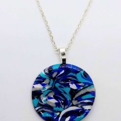 handmade polymer clay round pendant in turquoise, blues, white &silver 1 handmade polymer clay round pendant in turquoise, blues, white &silver 1