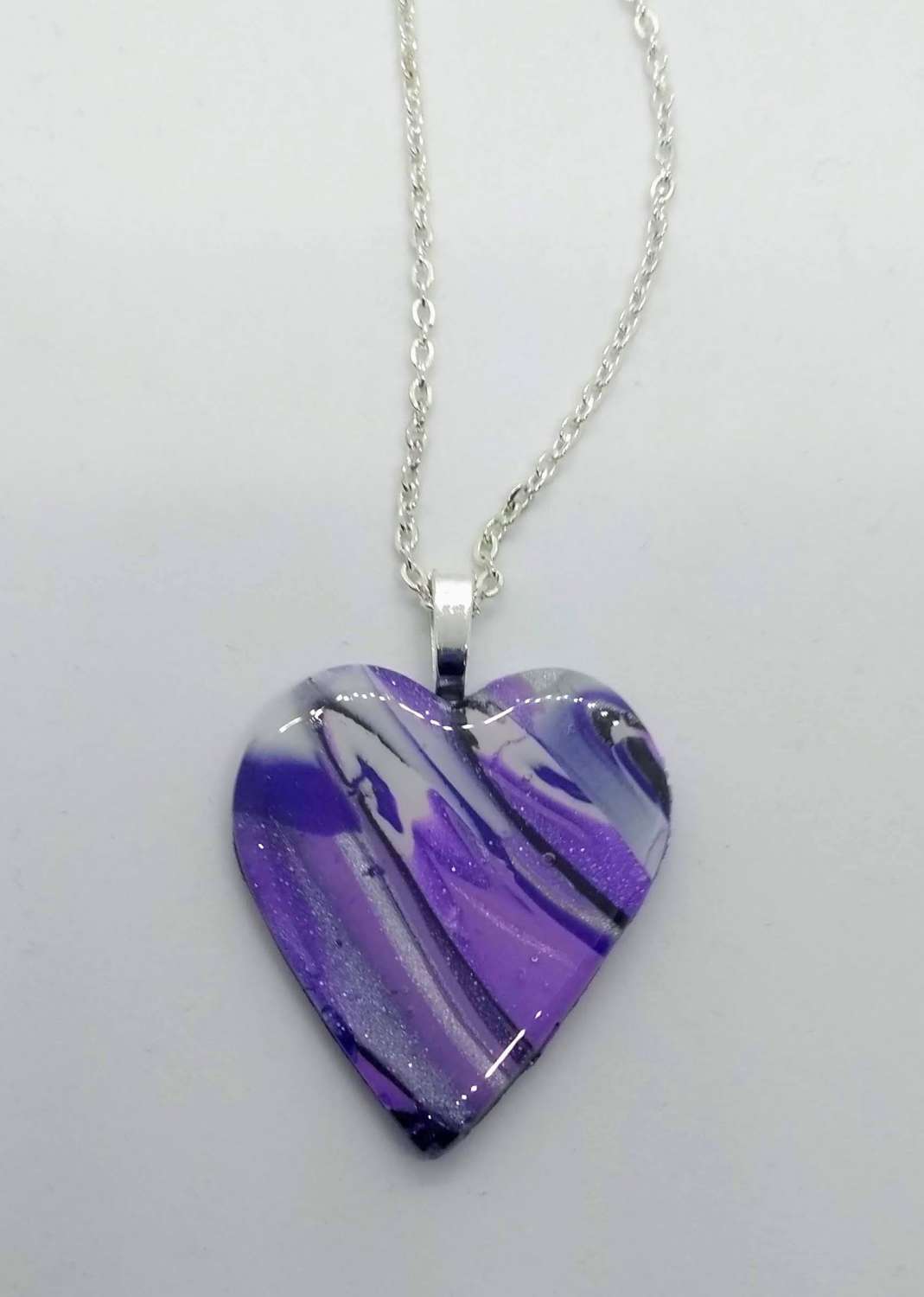handmade polymer clay heart pendant in purples and silver handmade polymer clay heart pendant in purples and silver