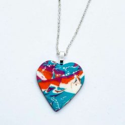 handmade polymer clay heart pendant in turquoise, pink, orange & white