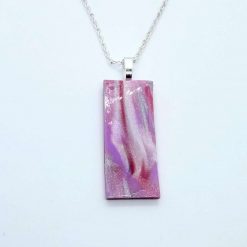 handmade polymer clay long pendant in pinks silver and white
