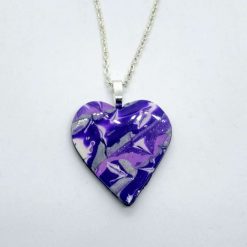 handmade polymer clay heart pendant in purple silver & white