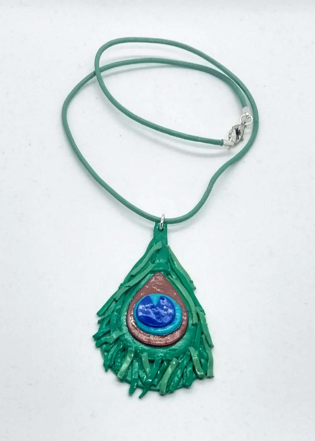 handmade polymer clay peacock feather pendant on leather necklace handmade polymer clay peacock feather pendant on leather necklace