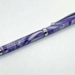 Hand made slimline twist ballpoint pen in purple, silver and white