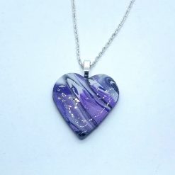 handmade polymer clay heart pendant in purples and silver