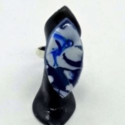 handmade marbled polymer clay adjustable ring in navy and white