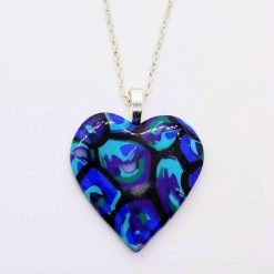 handmade polymer clay heart pendant in turquoise, purple & blues