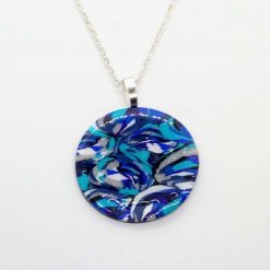 handmade polymer clay round pendant in turquoise, blues, white &silver