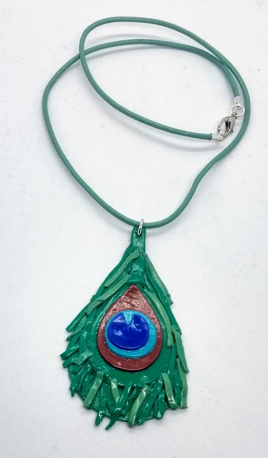handmade polymer clay peacock feather pendant on leather necklace handmade polymer clay peacock feather pendant on leather necklace