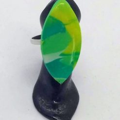 handmade marbled polymer clay adjustable ring in green, yellow and white