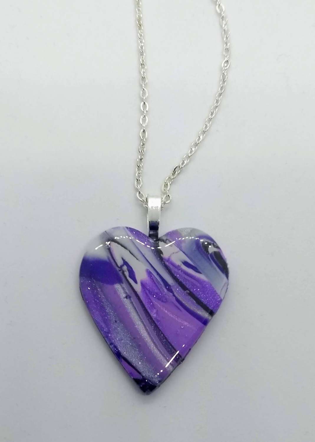 handmade polymer clay heart pendant in purples and silver handmade polymer clay heart pendant in purples and silver