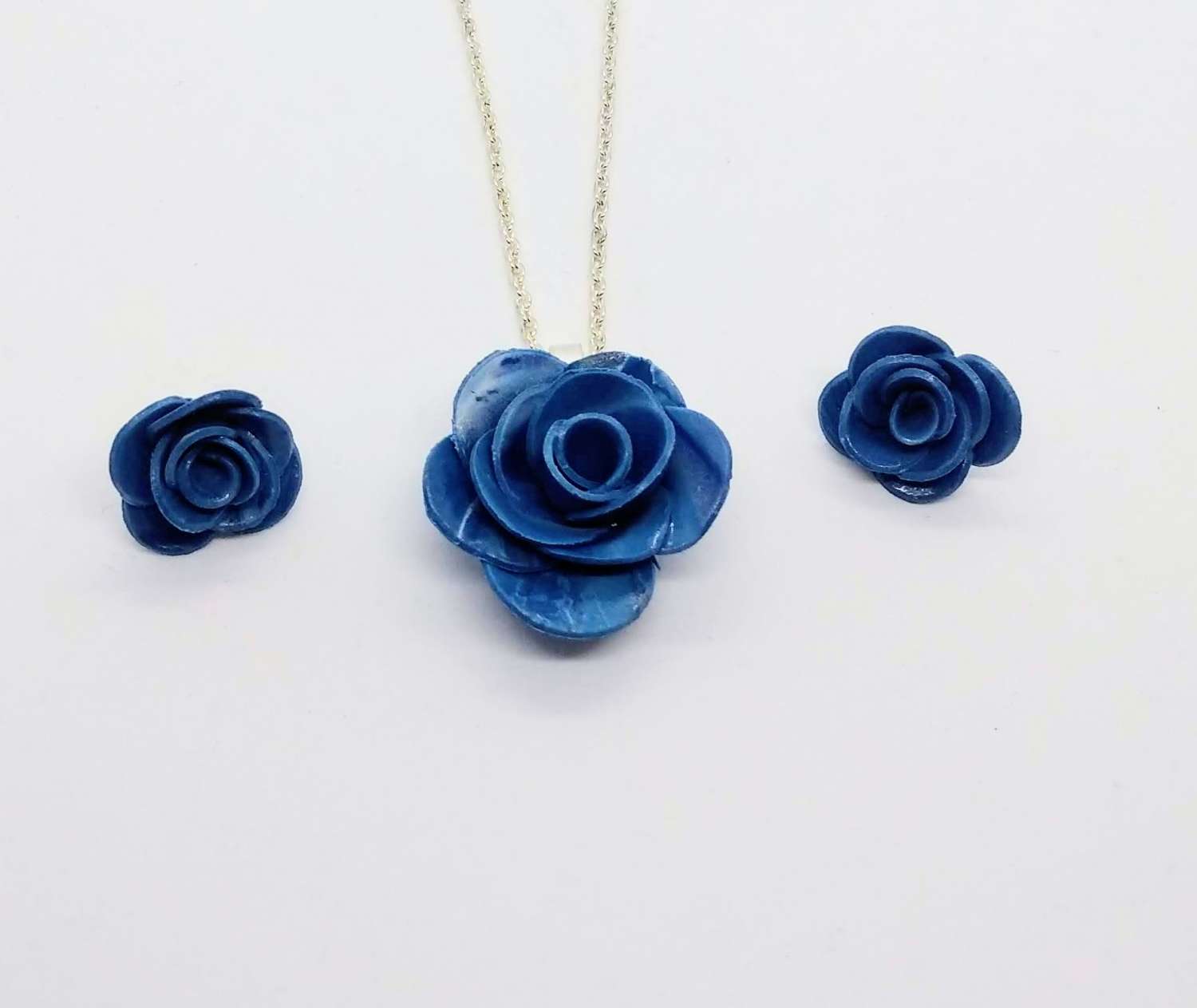 handmade polymer clay rose pendant and earrings in dusty blue handmade polymer clay rose pendant and earrings in dusty blue