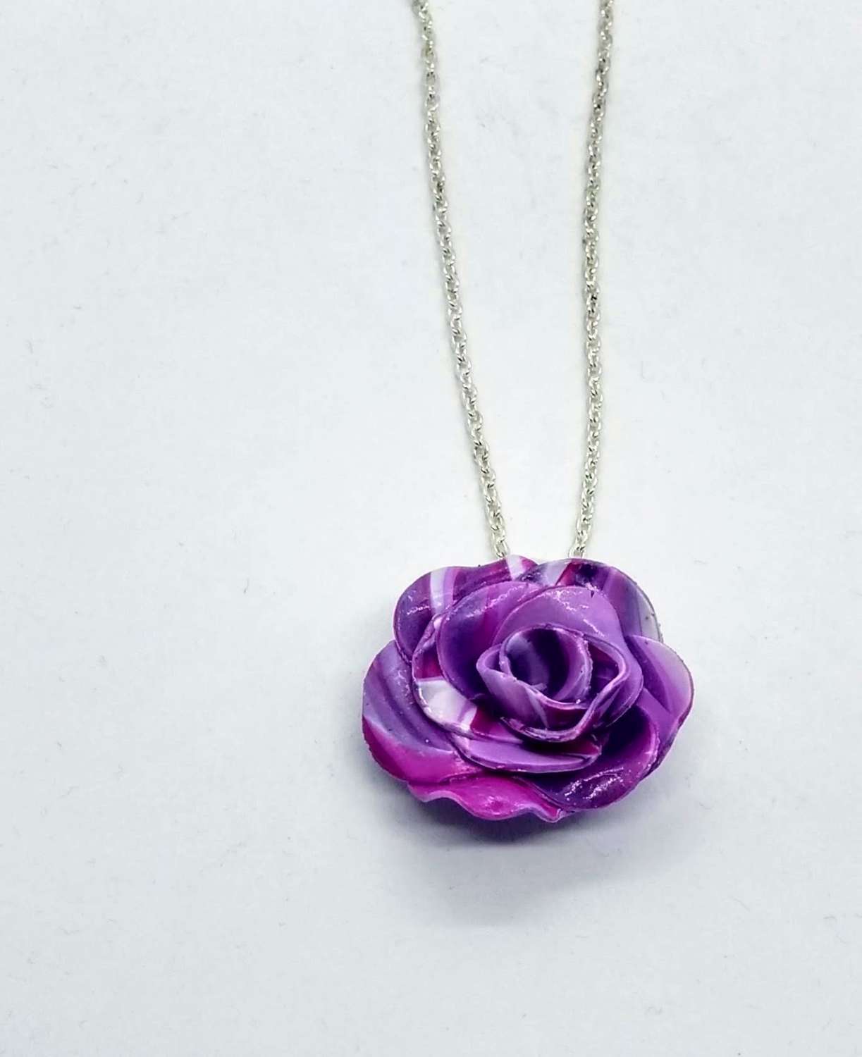 handmade polymer clay rose pendant in marbled purples, lilac and white handmade polymer clay rose pendant in marbled purples, lilac and white