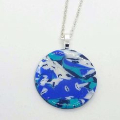 handmade polymer clay round pendant in blues, white & aqua