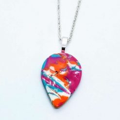 handmade polymer clay teardrop pendant in turquoise, pink, orange and white