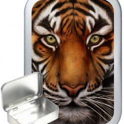 Tiger Face Hinged Tin, Pocket Tin, Pill Tin, Sewing Tin, Storage Tin, 50ml Tin