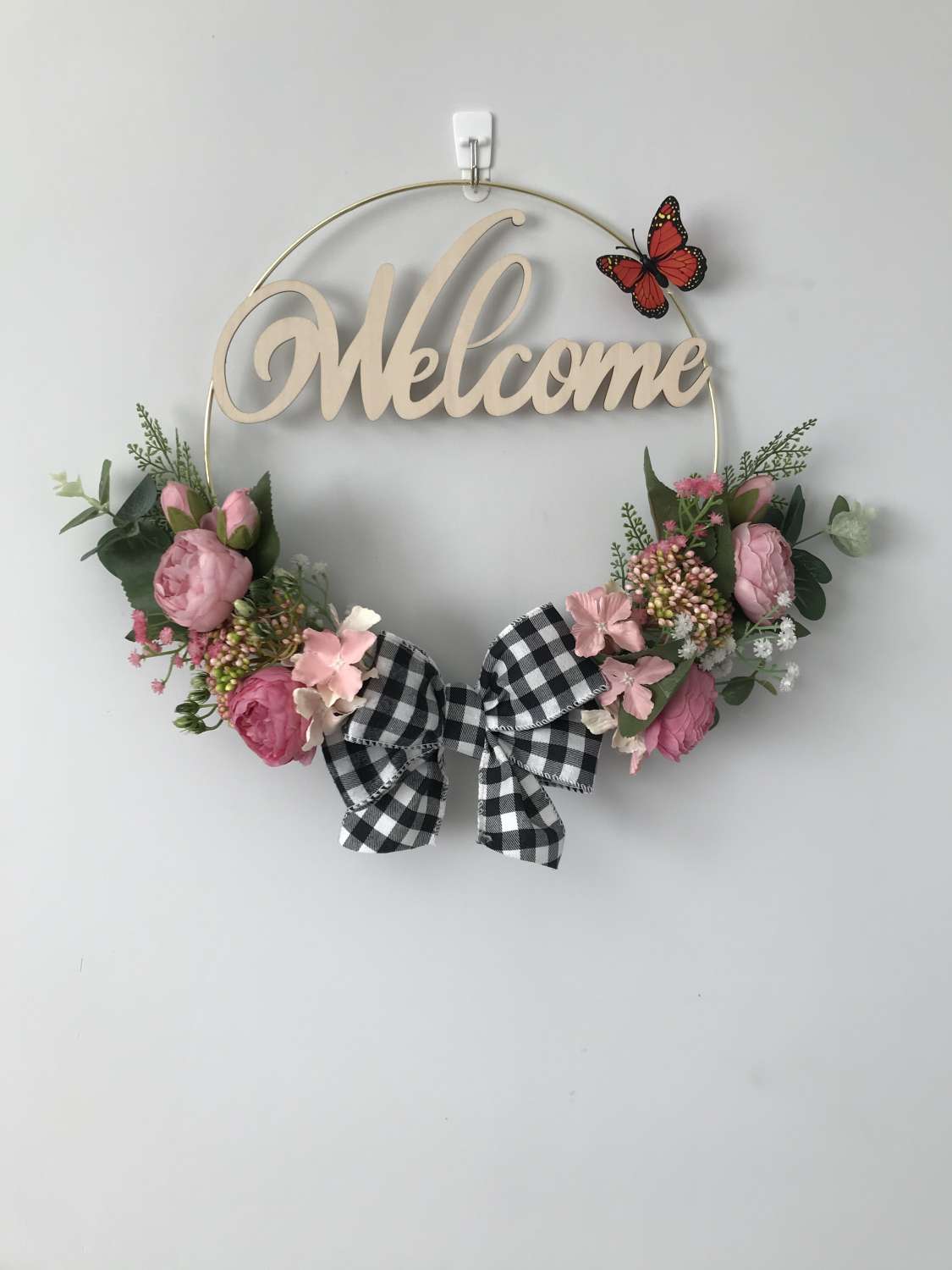 Gold Hoop Wreath With Rose Pink Flowers And Gingham Bow Mademe