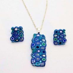 Klimt inspired circles pendant and matching earrings in blue