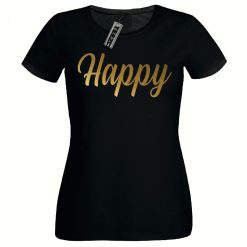 Happy t shirt, Ladies Fitted t shirt, Gold Print Women's Tee Shirt