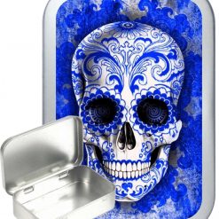 Blue Candy Skull Hinged Tin, Pocket Tin, Pill Tin, Sewing Tin, Storage Tin, 50ml Tin