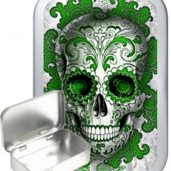 Green Candy Skull Hinged Tin, Pocket Tin, Pill Tin, Sewing Tin, Storage Tin, 50ml Tin