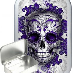 Purple Candy Skull Hinged Tin, Pocket Tin, Pill Tin, Sewing Tin, Storage Tin, 50ml Tin